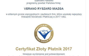 Certyfikat Złoty Płatnik 2017 dla Verano