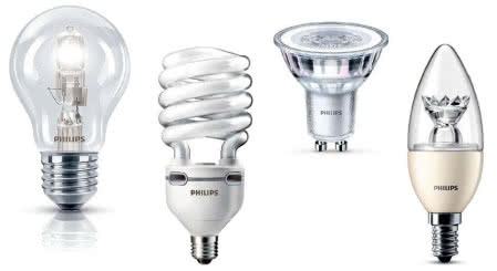 Rodzaje źródeł światła (od lewej): żarówka halogenowa, świetlówka energooszczędna, reflektor halogenowy i lampa LED, fot. Philips Rodzaje źródeł światła (od lewej): żarówka halogenowa, świetlówka energooszczędna, reflektor halogenowy i lampa LED, fot. Philips